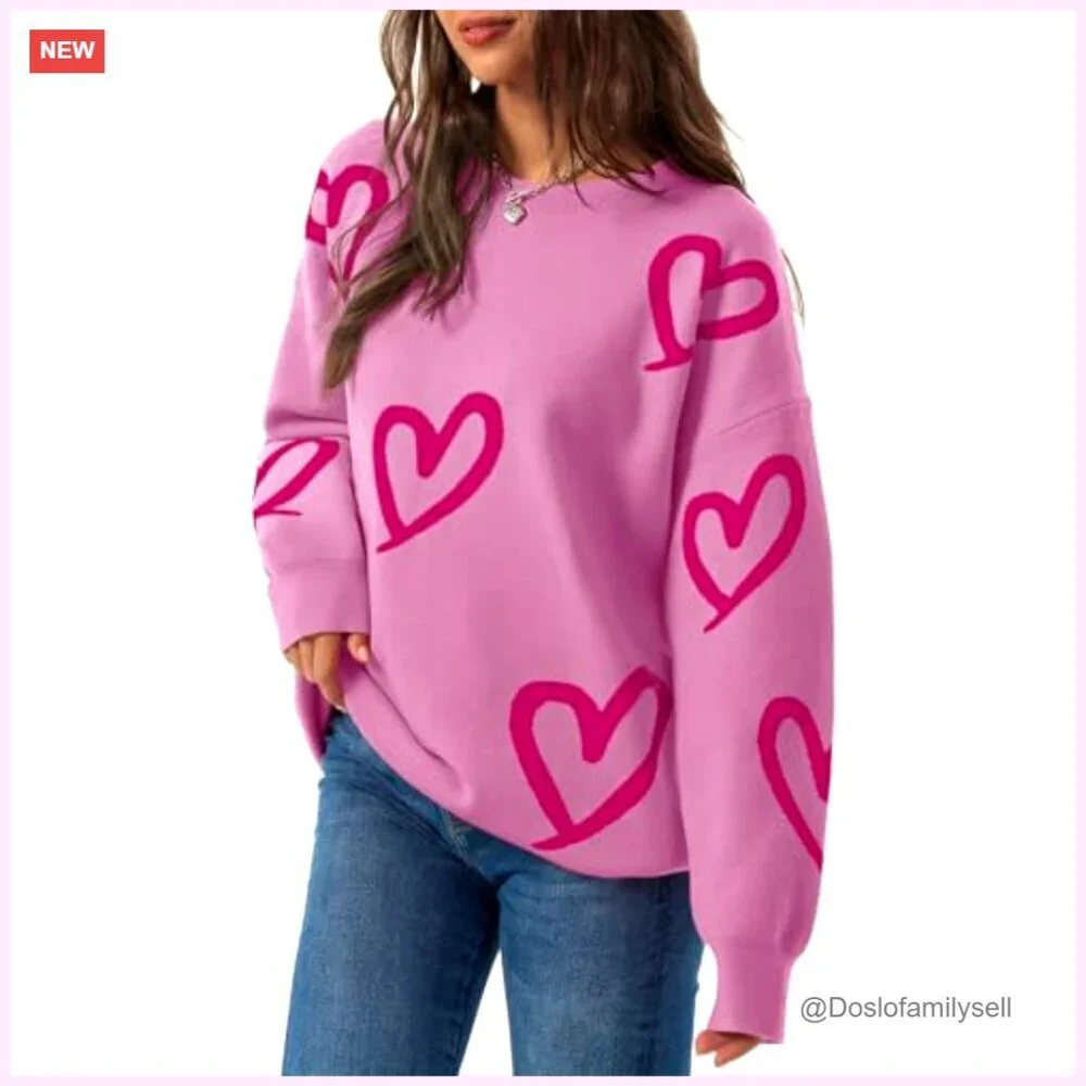 Oversized Heart Print Pullover Sweater Crew Neck Long Sleeve Knit Y2K Cute - Picture 4 of 7